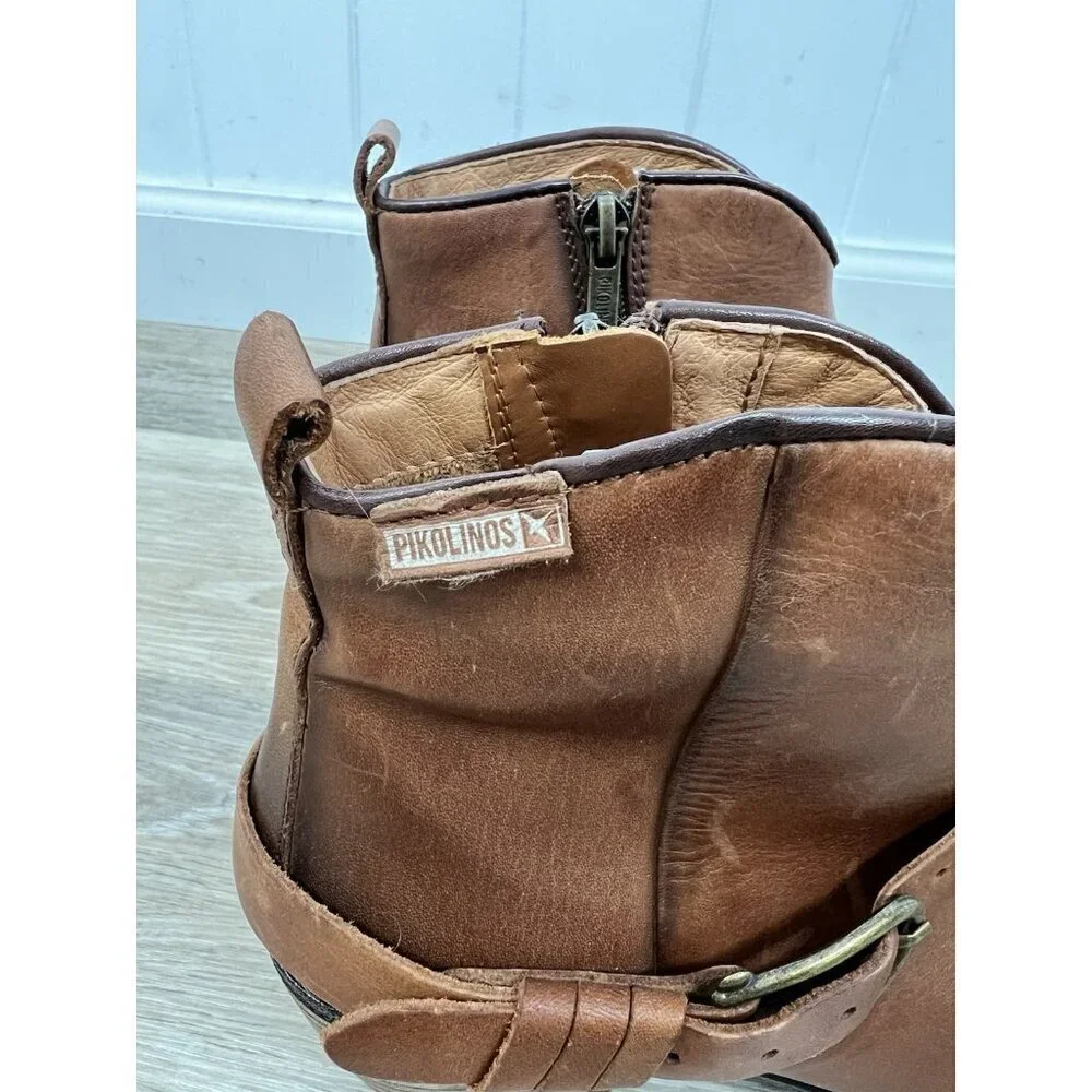Pikolinos Balta Boots Womens 38 Brown Leather Zip Western Buckle Ankle 7.5-8